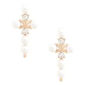 Elegant Pearl Cross Dangle Earrings