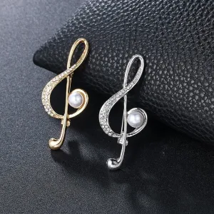 Elegant Rhinestones and Pearl Adorned Musical Signs Brooch Pins