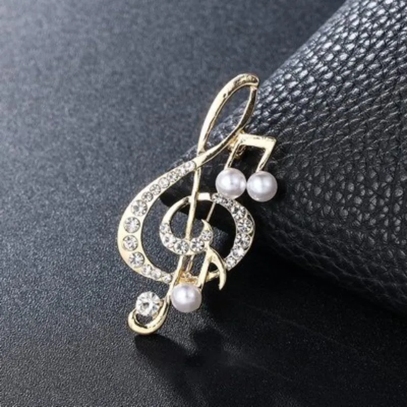 Elegant Rhinestones and Pearl Adorned Musical Signs Brooch Pins