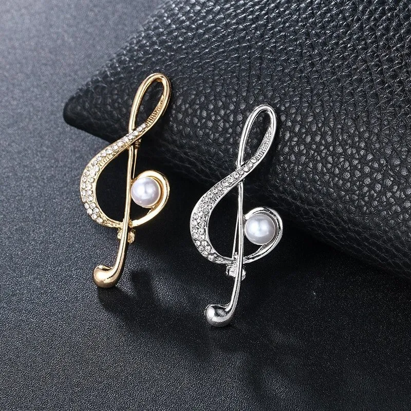 Elegant Rhinestones and Pearl Adorned Musical Signs Brooch Pins