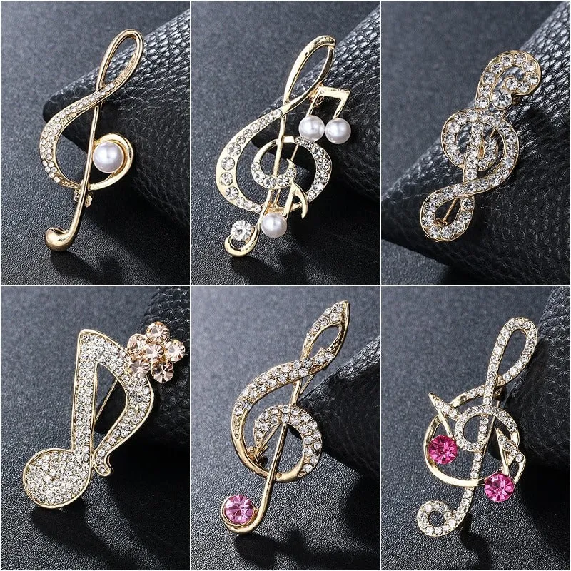Elegant Rhinestones and Pearl Adorned Musical Signs Brooch Pins