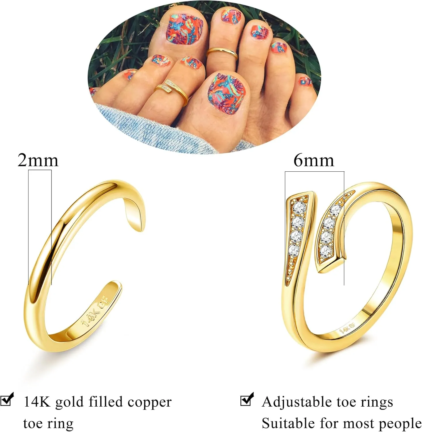FINREZIO 2PCS 14K Gold Fillled Toe Rings for Women Cute Hug CZ Flower Simple Band Toe Rings Beach Summer Foot Jewelry for Women