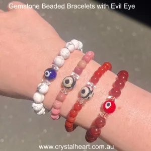 Gemstone Bead Bracelets with Evil Eye ~ Carnelian, Rhodonite, Howlite