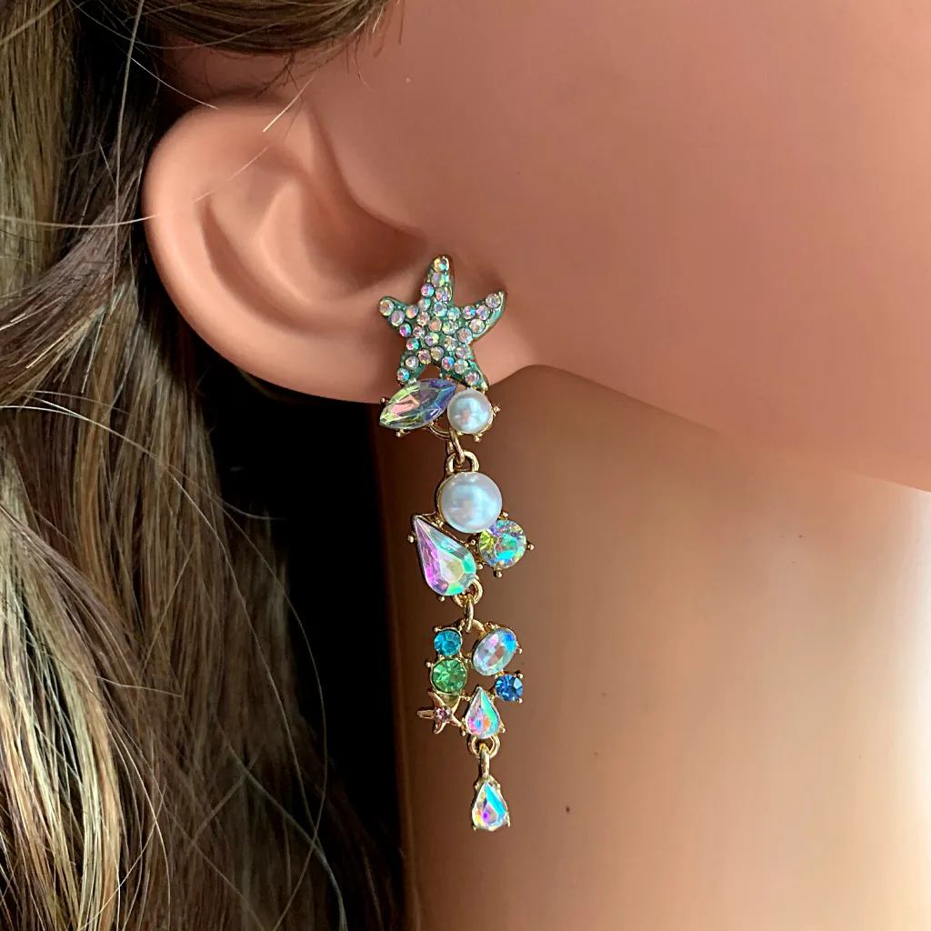 Glistening Rhinestone Pearl Starfish Dangle Gold Earrings