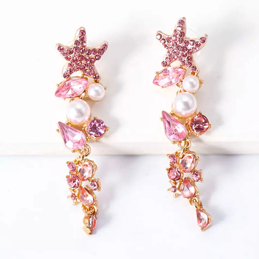 Glistening Rhinestone Pearl Starfish Dangle Gold Earrings