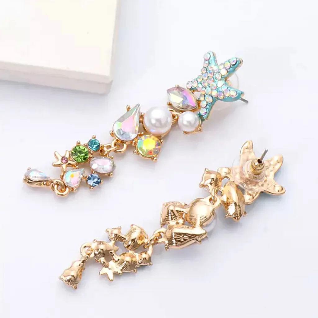 Glistening Rhinestone Pearl Starfish Dangle Gold Earrings