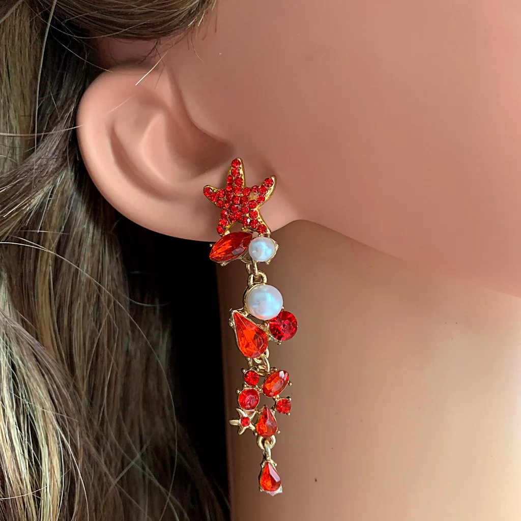 Glistening Rhinestone Pearl Starfish Dangle Gold Earrings