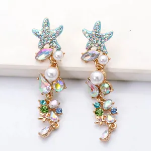 Glistening Rhinestone Pearl Starfish Dangle Gold Earrings