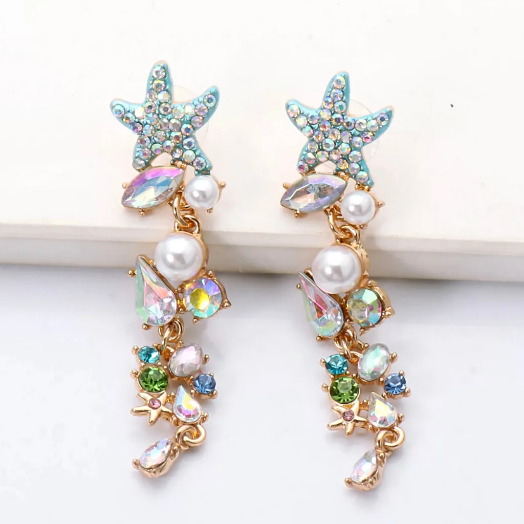 Glistening Rhinestone Pearl Starfish Dangle Gold Earrings