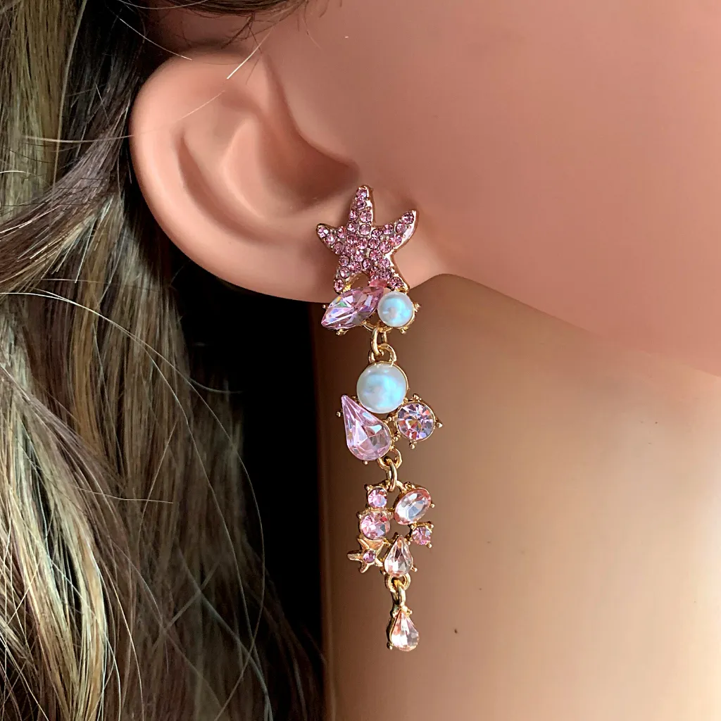 Glistening Rhinestone Pearl Starfish Dangle Gold Earrings