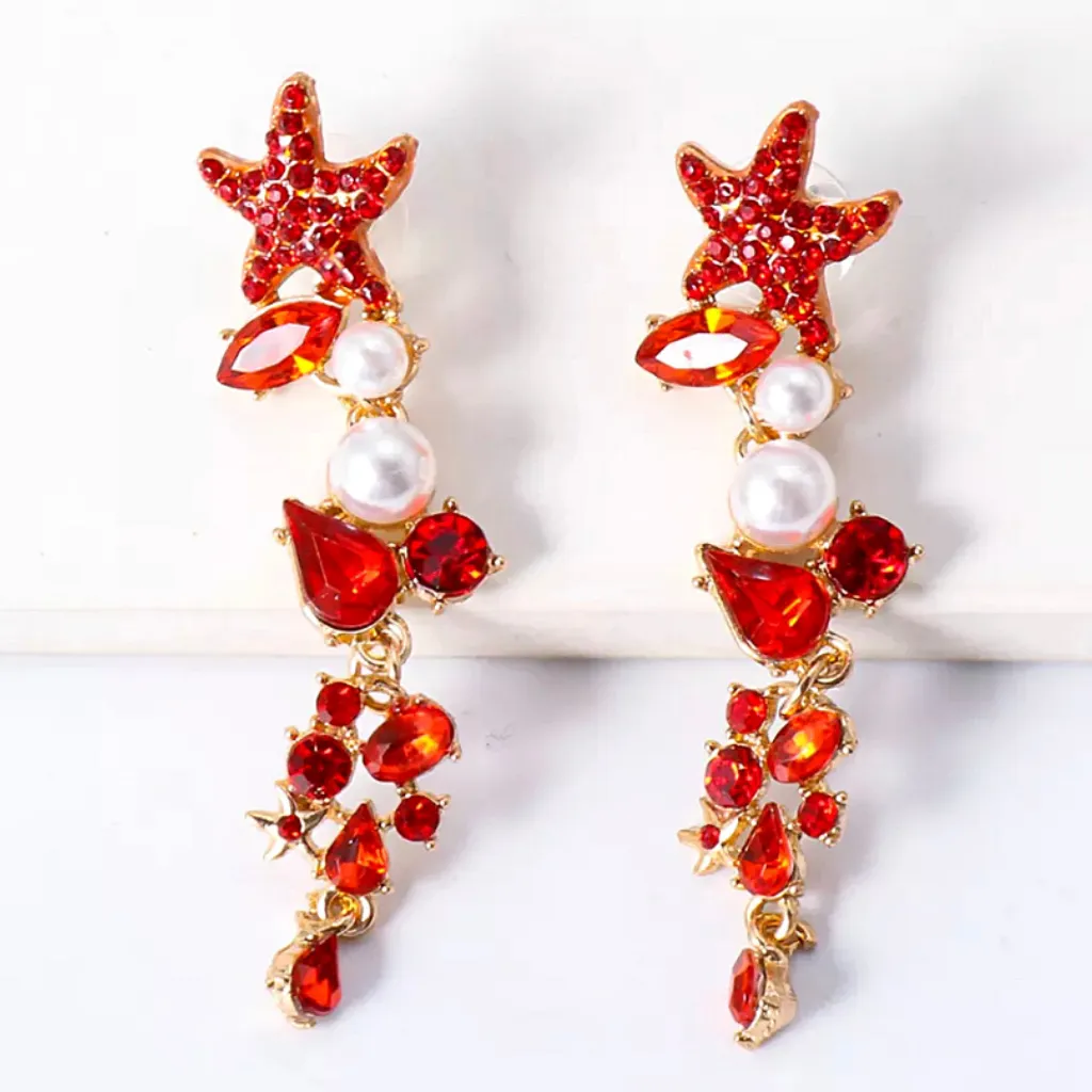 Glistening Rhinestone Pearl Starfish Dangle Gold Earrings