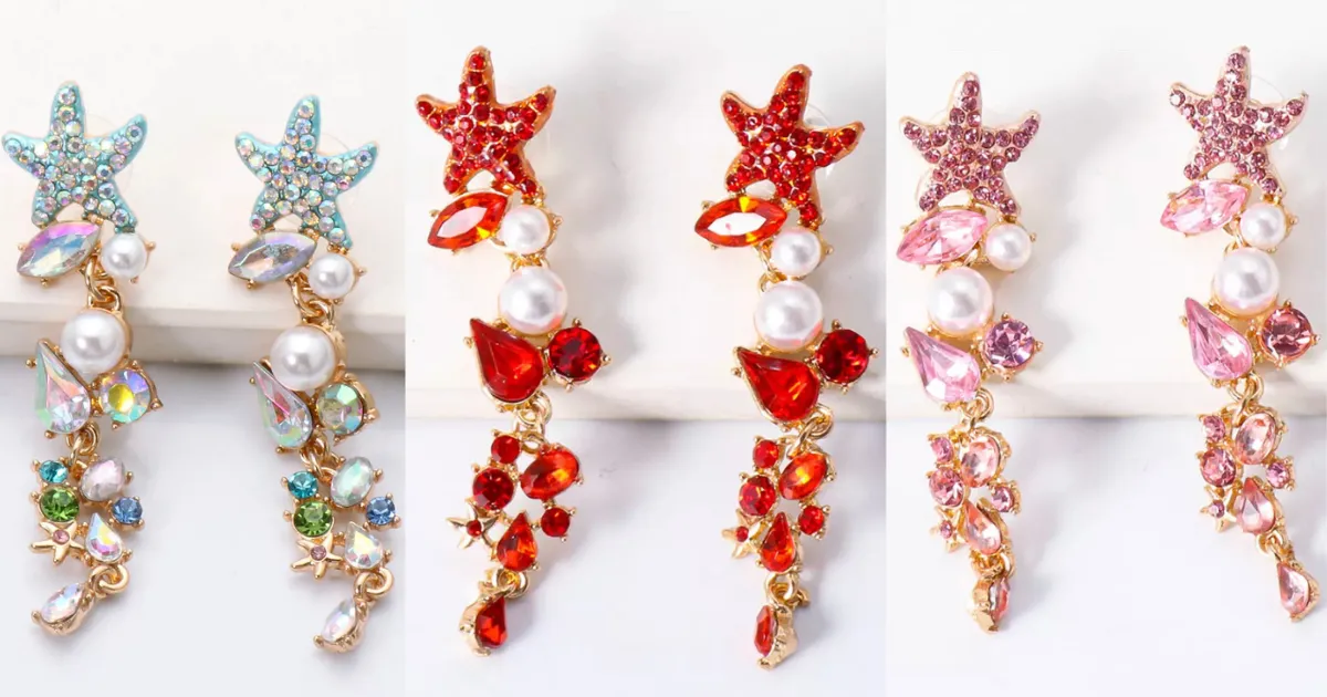 Glistening Rhinestone Pearl Starfish Dangle Gold Earrings