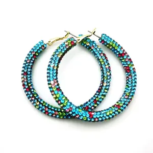 Glittering Large Blue Red Green Fireworks Rhinestone Hoop Earrings