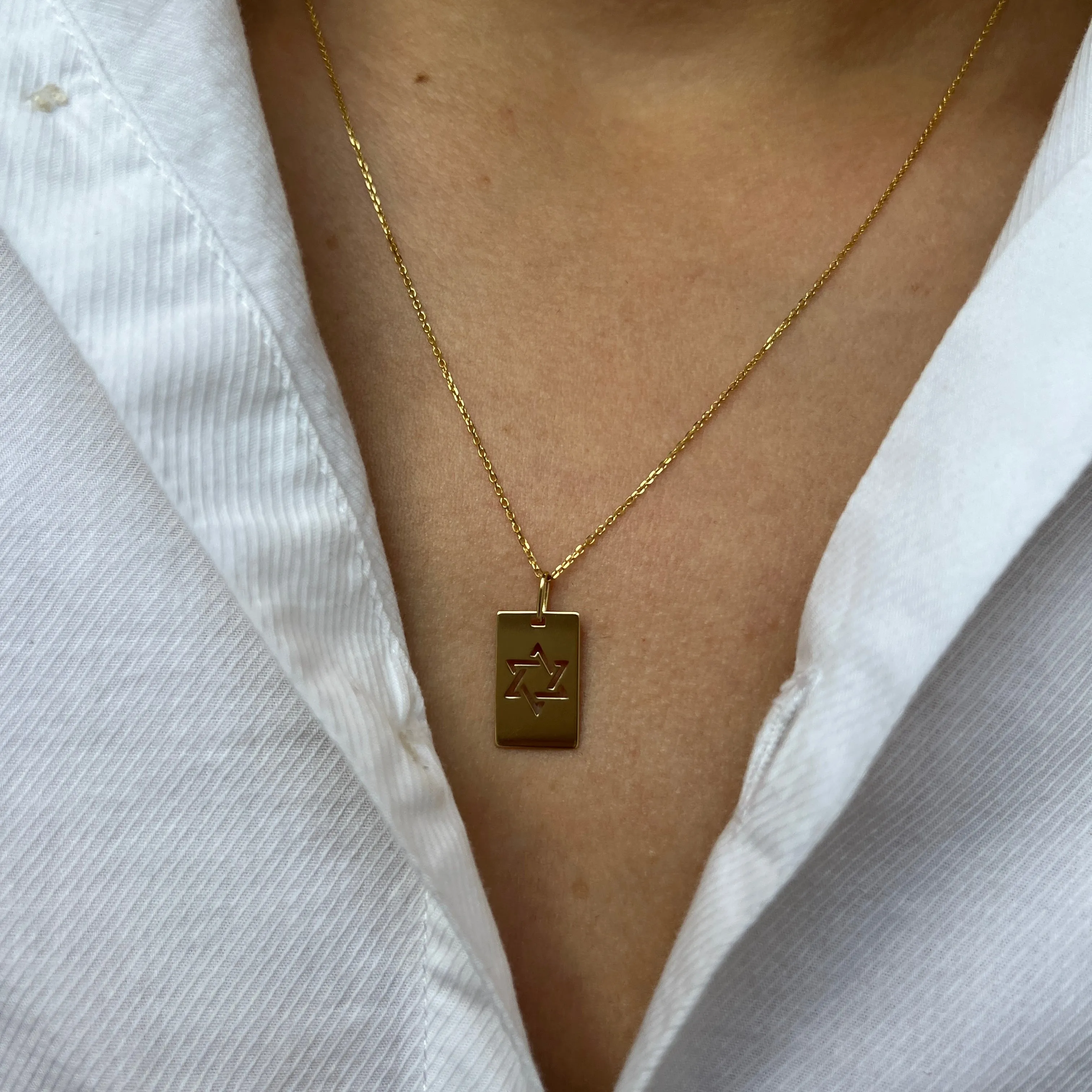 Gold Star of David Tag Necklace