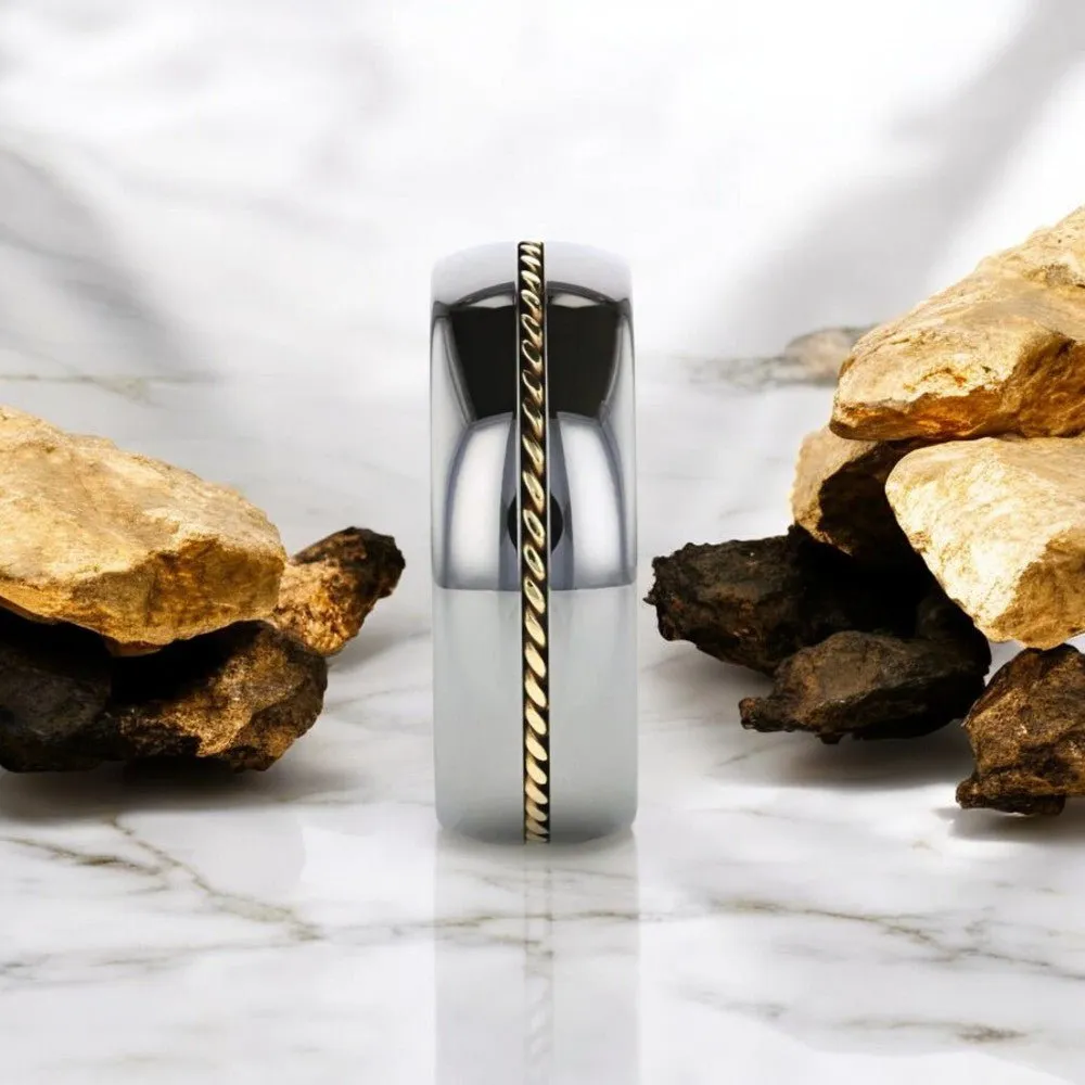 GOLDWYN | Silver Tungsten Ring, Braided 14k Gold Inlay, Domed