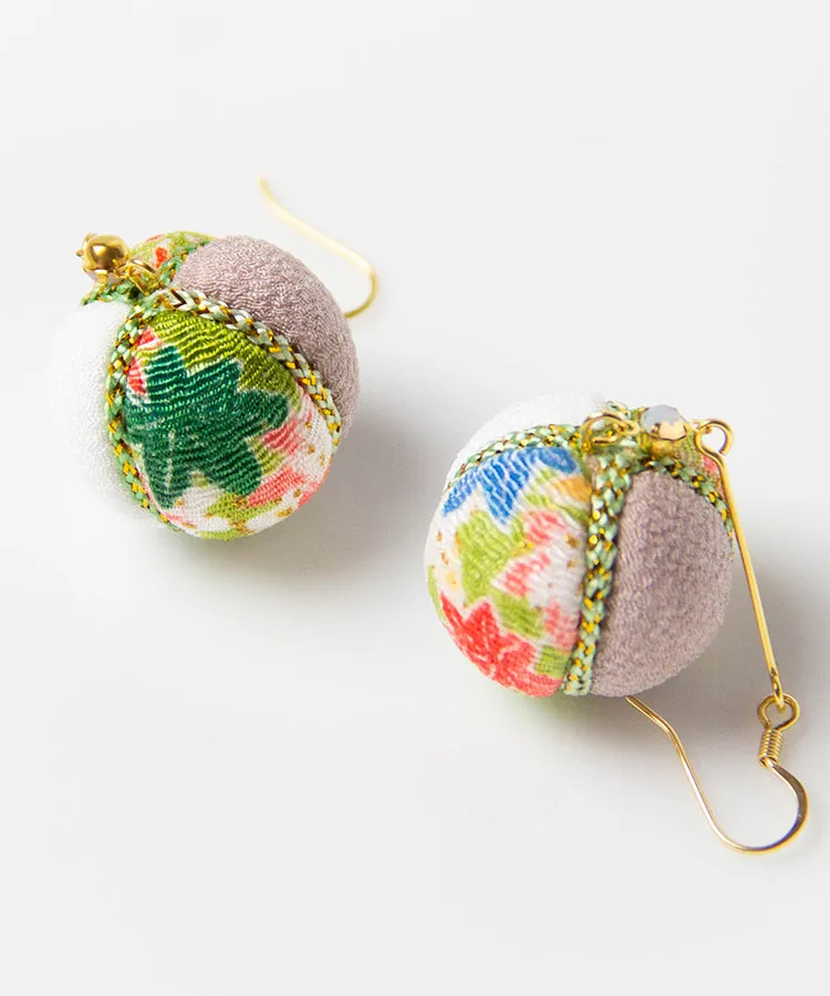 Green Purple Temari Chirimen Japanese Earrings / High Quality Surgical Steel Hook Earrings