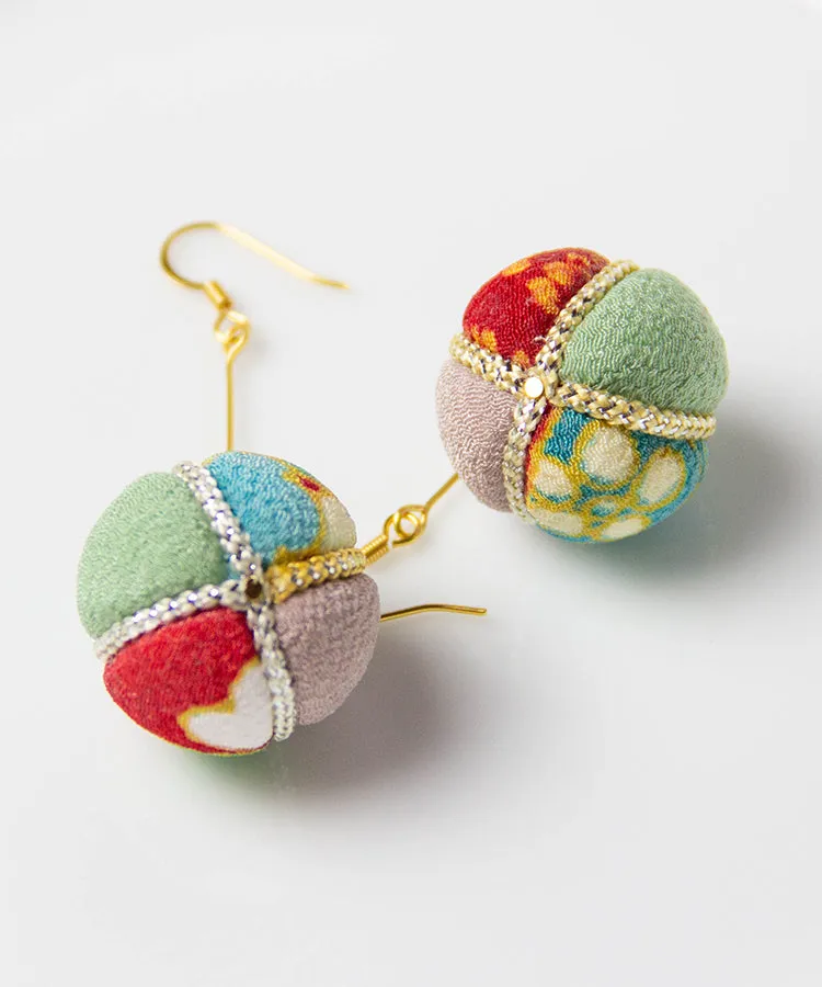 Green Purple Temari Chirimen Japanese Earrings / High Quality Surgical Steel Hook Earrings