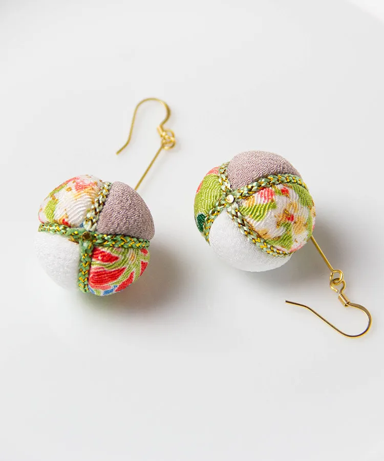 Green Purple Temari Chirimen Japanese Earrings / High Quality Surgical Steel Hook Earrings