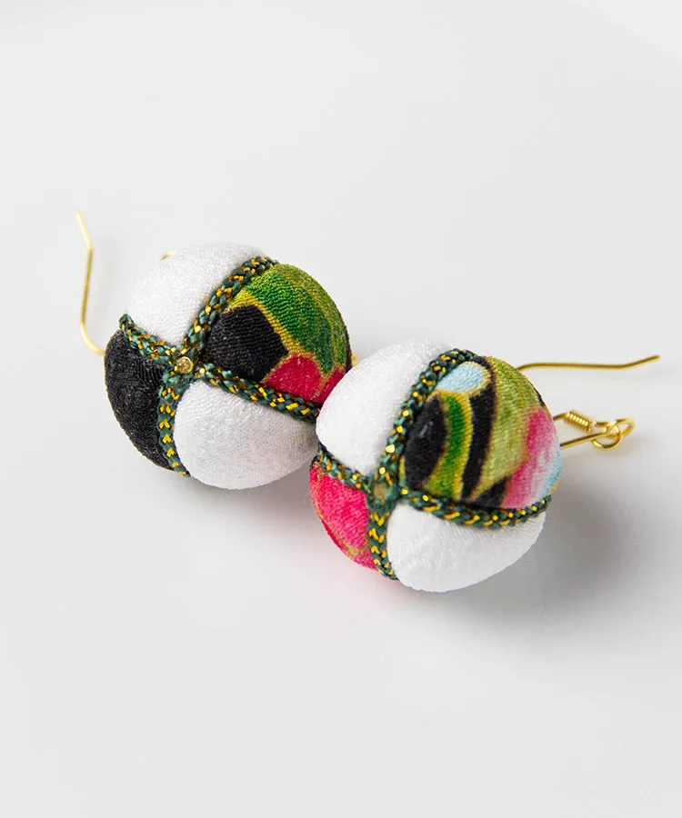 Green Purple Temari Chirimen Japanese Earrings / High Quality Surgical Steel Hook Earrings