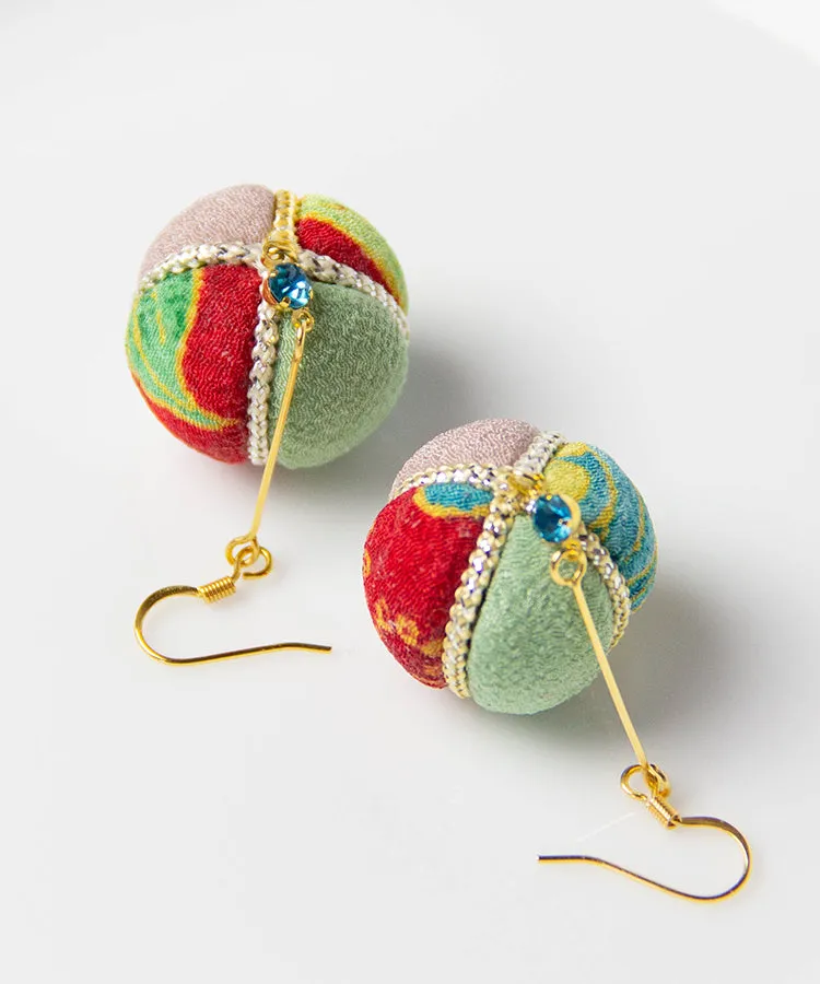 Green Purple Temari Chirimen Japanese Earrings / High Quality Surgical Steel Hook Earrings