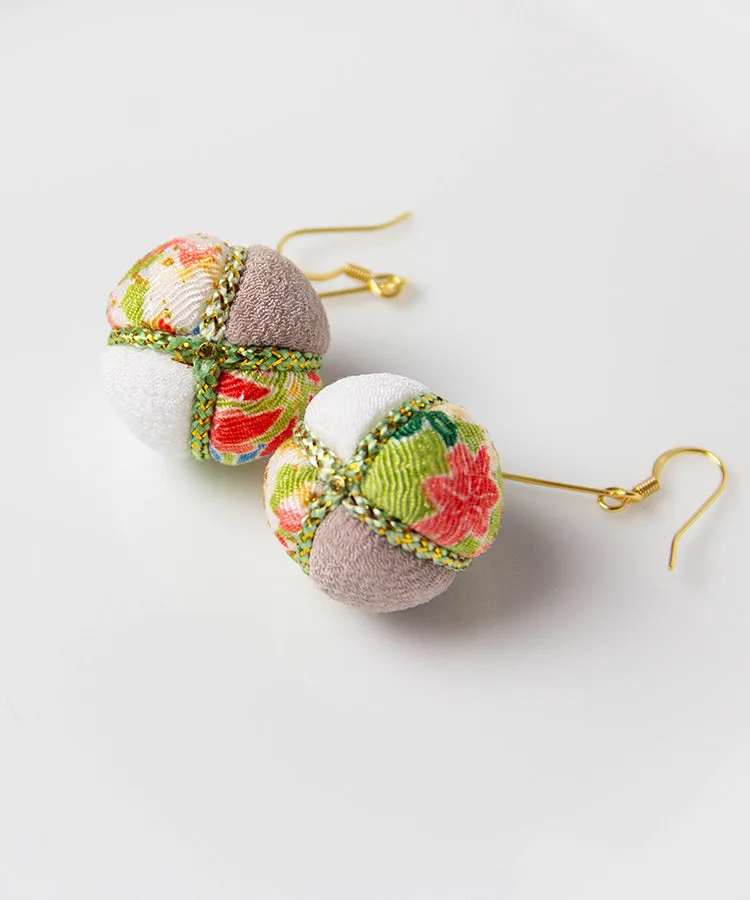 Green Purple Temari Chirimen Japanese Earrings / High Quality Surgical Steel Hook Earrings