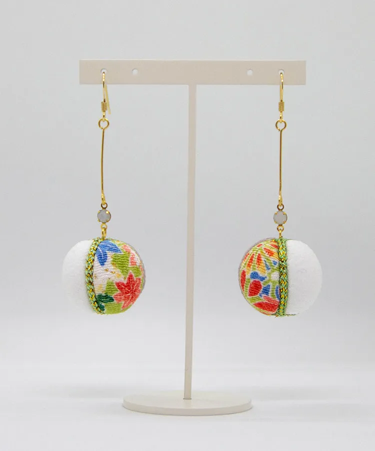Green Purple Temari Chirimen Japanese Earrings / High Quality Surgical Steel Hook Earrings