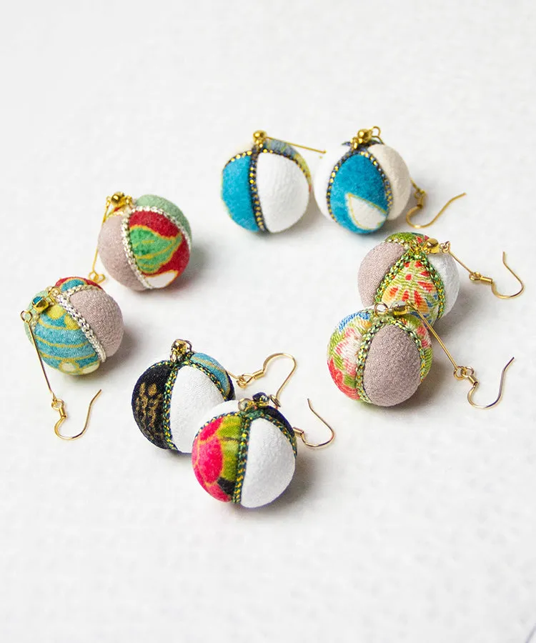 Green Purple Temari Chirimen Japanese Earrings / High Quality Surgical Steel Hook Earrings