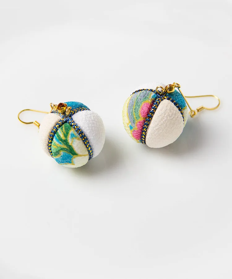 Green Purple Temari Chirimen Japanese Earrings / High Quality Surgical Steel Hook Earrings