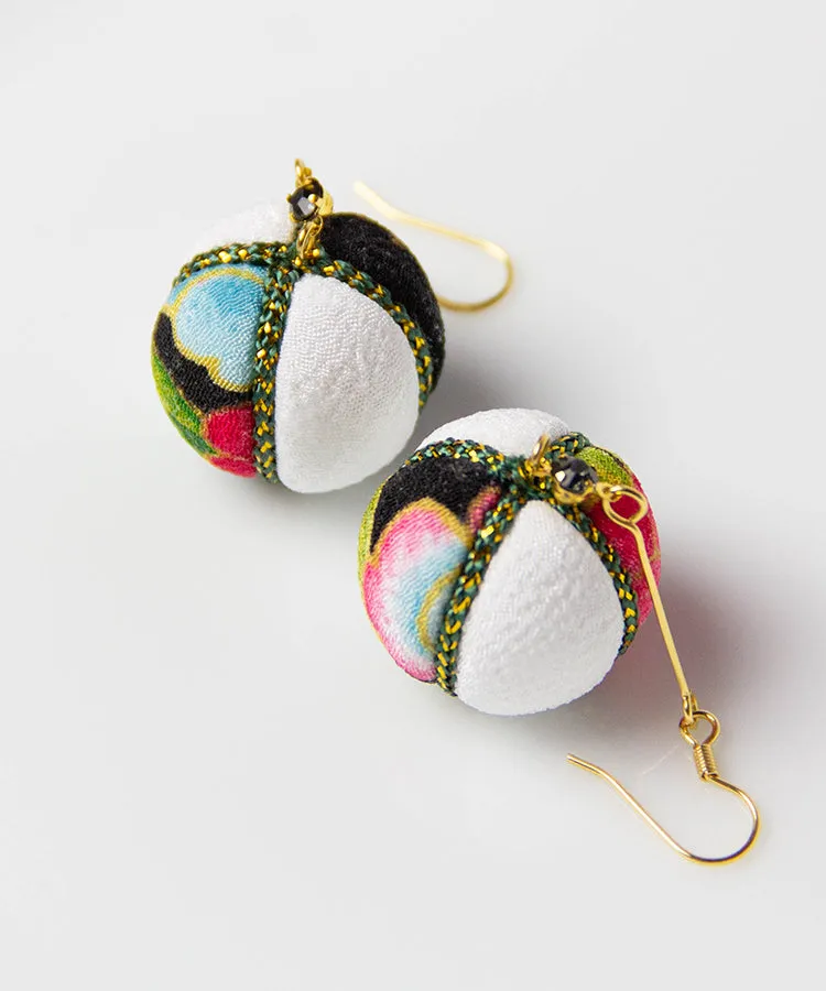 Green Purple Temari Chirimen Japanese Earrings / High Quality Surgical Steel Hook Earrings