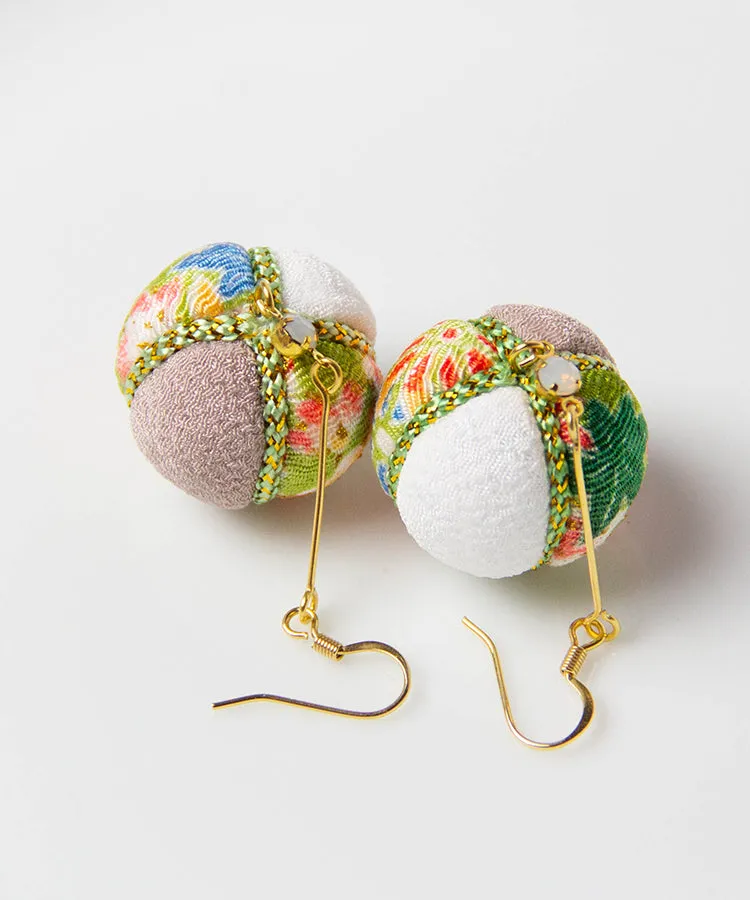Green Purple Temari Chirimen Japanese Earrings / High Quality Surgical Steel Hook Earrings