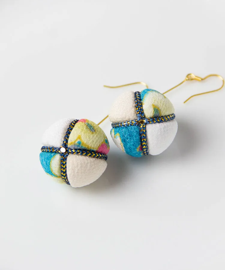 Green Purple Temari Chirimen Japanese Earrings / High Quality Surgical Steel Hook Earrings
