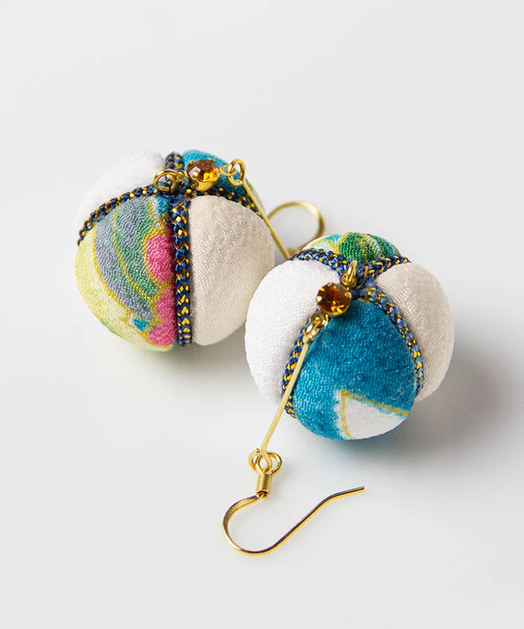 Green Purple Temari Chirimen Japanese Earrings / High Quality Surgical Steel Hook Earrings