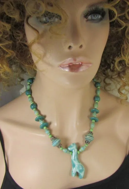 Handmade African Bead Necklace Aqua Kazuri Giraffe Kazuri