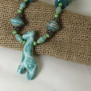Handmade African Bead Necklace Aqua Kazuri Giraffe Kazuri