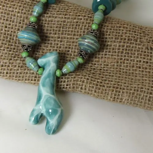 Handmade African Bead Necklace Aqua Kazuri Giraffe Kazuri