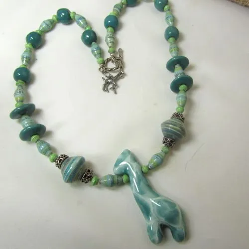 Handmade African Bead Necklace Aqua Kazuri Giraffe Kazuri