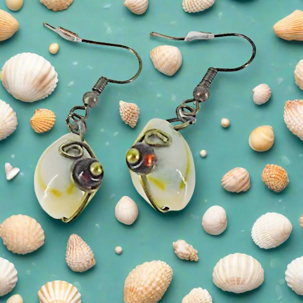 Handmade Exquisite Bronze Wired Cowrie Shell Earrings with Vibrant Glass Beads – S-Style Design✨