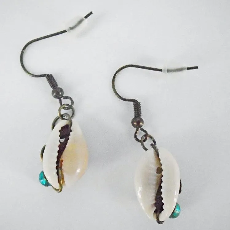 Handmade Exquisite Bronze Wired Cowrie Shell Earrings with Vibrant Glass Beads – S-Style Design✨