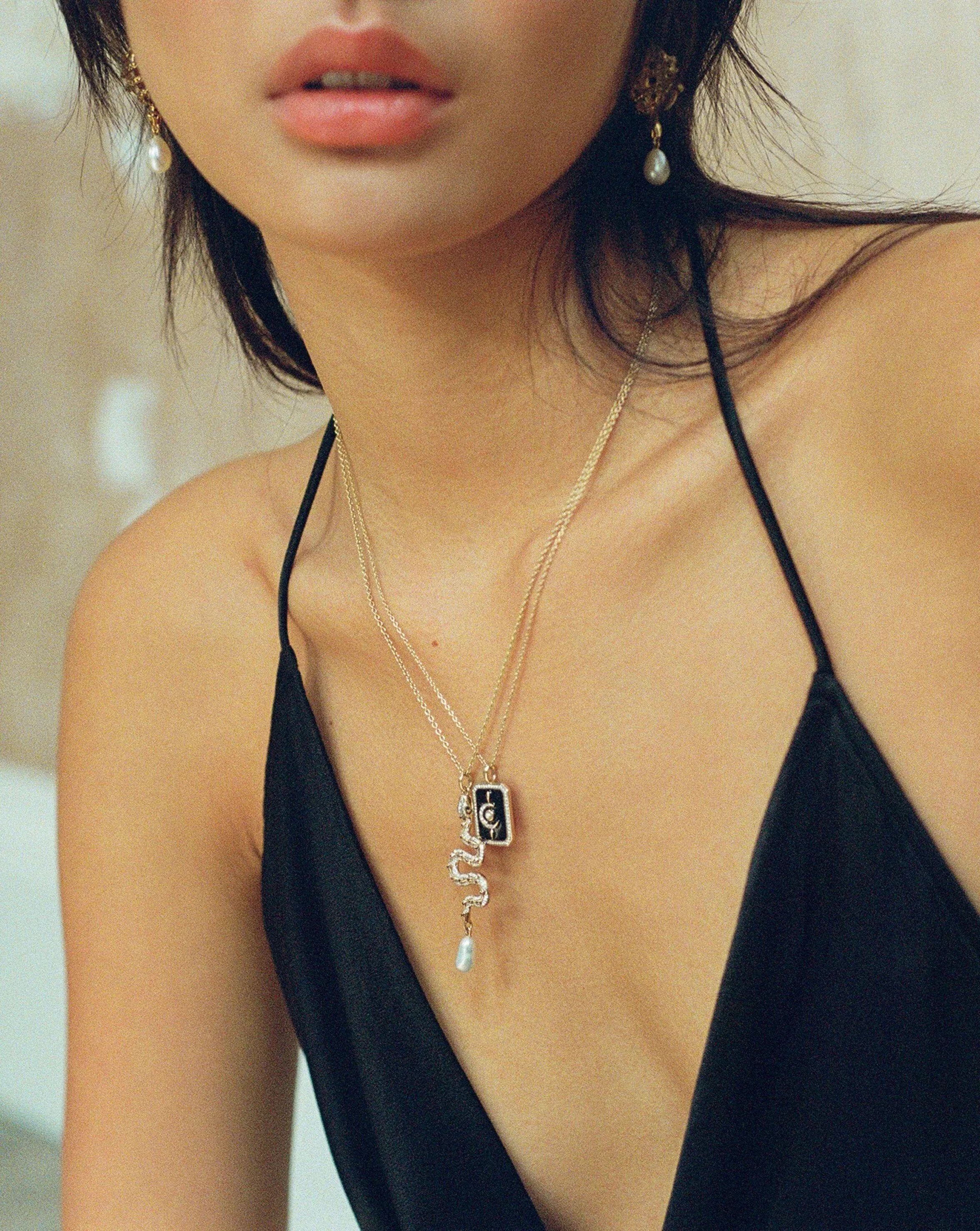 Harris Reed Fine Serpent Necklace | 14k Solid Gold/Pearl & Diamond