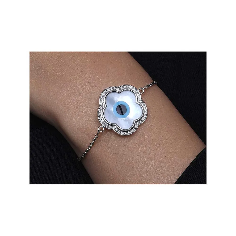 Kaj Fine Jewellery Small Flower Evil Eye Chain Diamond Bracelet in 14KT White Gold