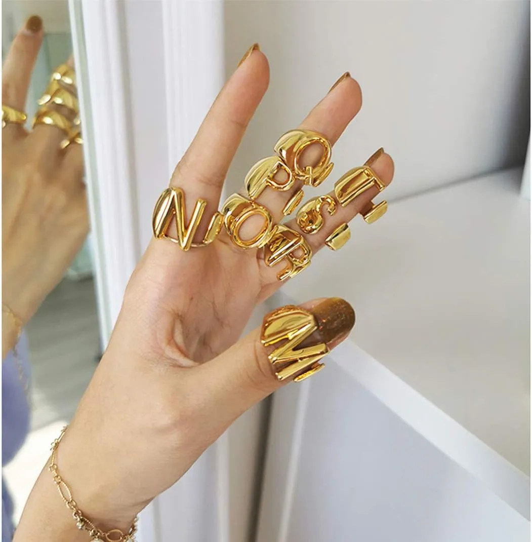 KeyStyle Bold Initial Letter Rings Adjustable, GoldChic Jewelry Women Gold Statement Ring Personalized Engraved Womens Open Signet Ring for Party (Gold, White Gold, Black)
