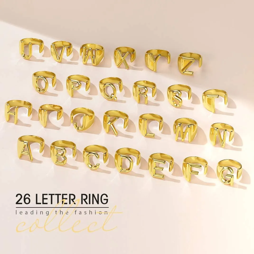 KeyStyle Bold Initial Letter Rings Adjustable, GoldChic Jewelry Women Gold Statement Ring Personalized Engraved Womens Open Signet Ring for Party (Gold, White Gold, Black)