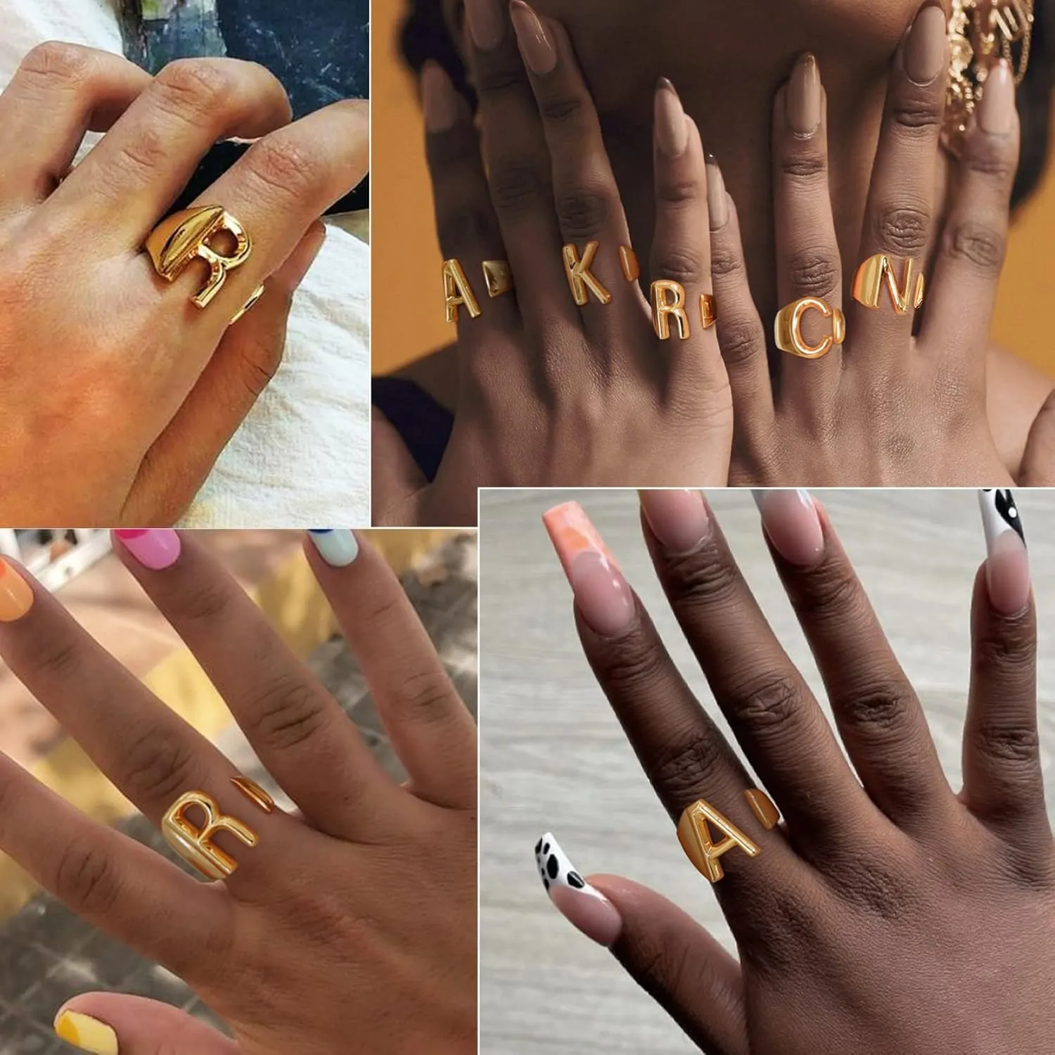 KeyStyle Bold Initial Letter Rings Adjustable, GoldChic Jewelry Women Gold Statement Ring Personalized Engraved Womens Open Signet Ring for Party (Gold, White Gold, Black)