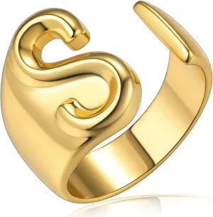 KeyStyle Bold Initial Letter Rings Adjustable, GoldChic Jewelry Women Gold Statement Ring Personalized Engraved Womens Open Signet Ring for Party (Gold, White Gold, Black)
