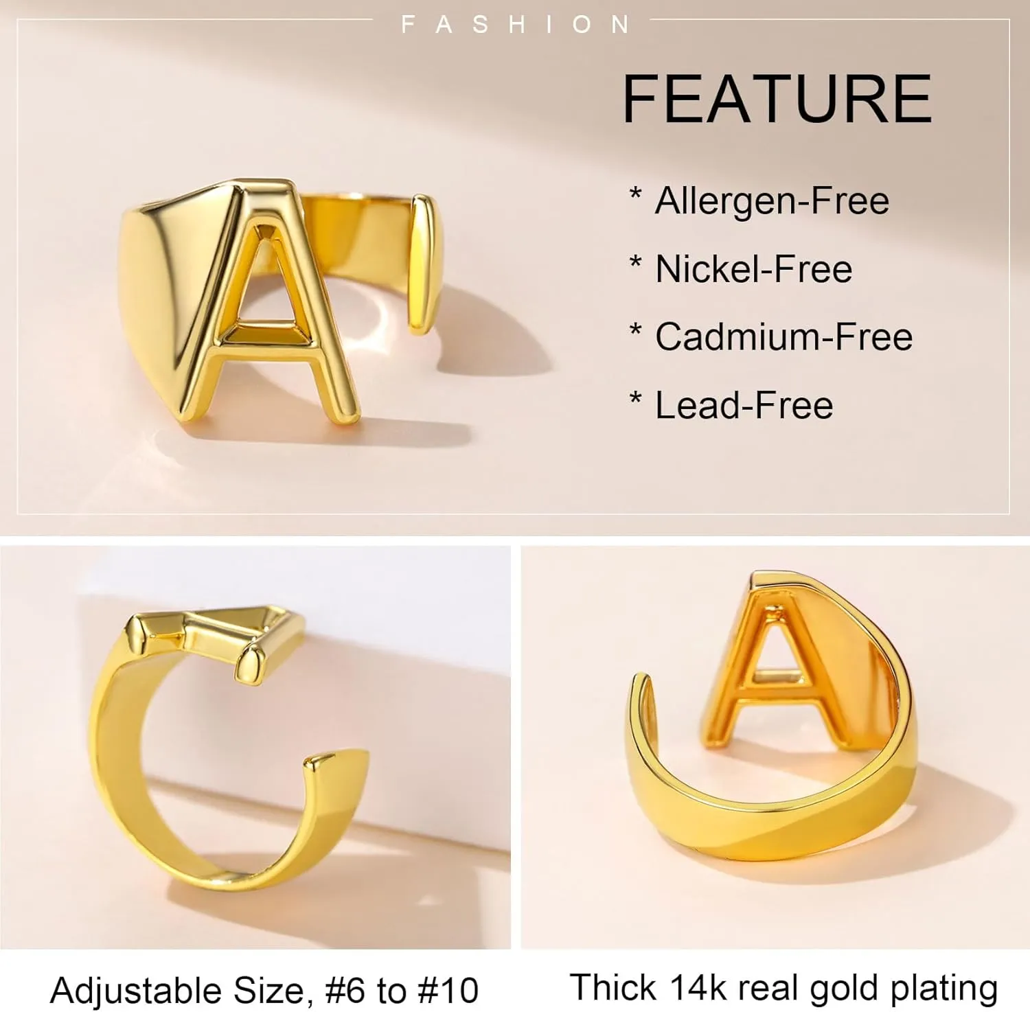 KeyStyle Bold Initial Letter Rings Adjustable, GoldChic Jewelry Women Gold Statement Ring Personalized Engraved Womens Open Signet Ring for Party (Gold, White Gold, Black)