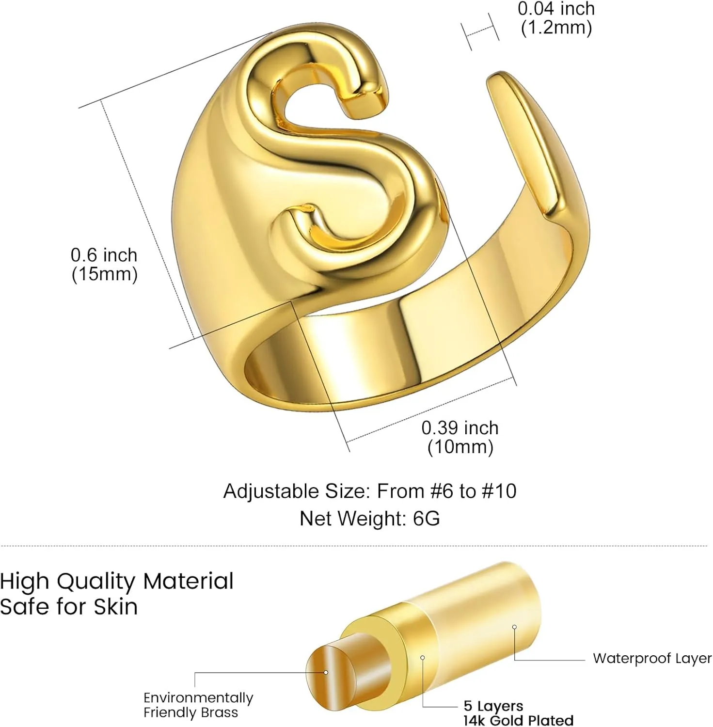 KeyStyle Bold Initial Letter Rings Adjustable, GoldChic Jewelry Women Gold Statement Ring Personalized Engraved Womens Open Signet Ring for Party (Gold, White Gold, Black)