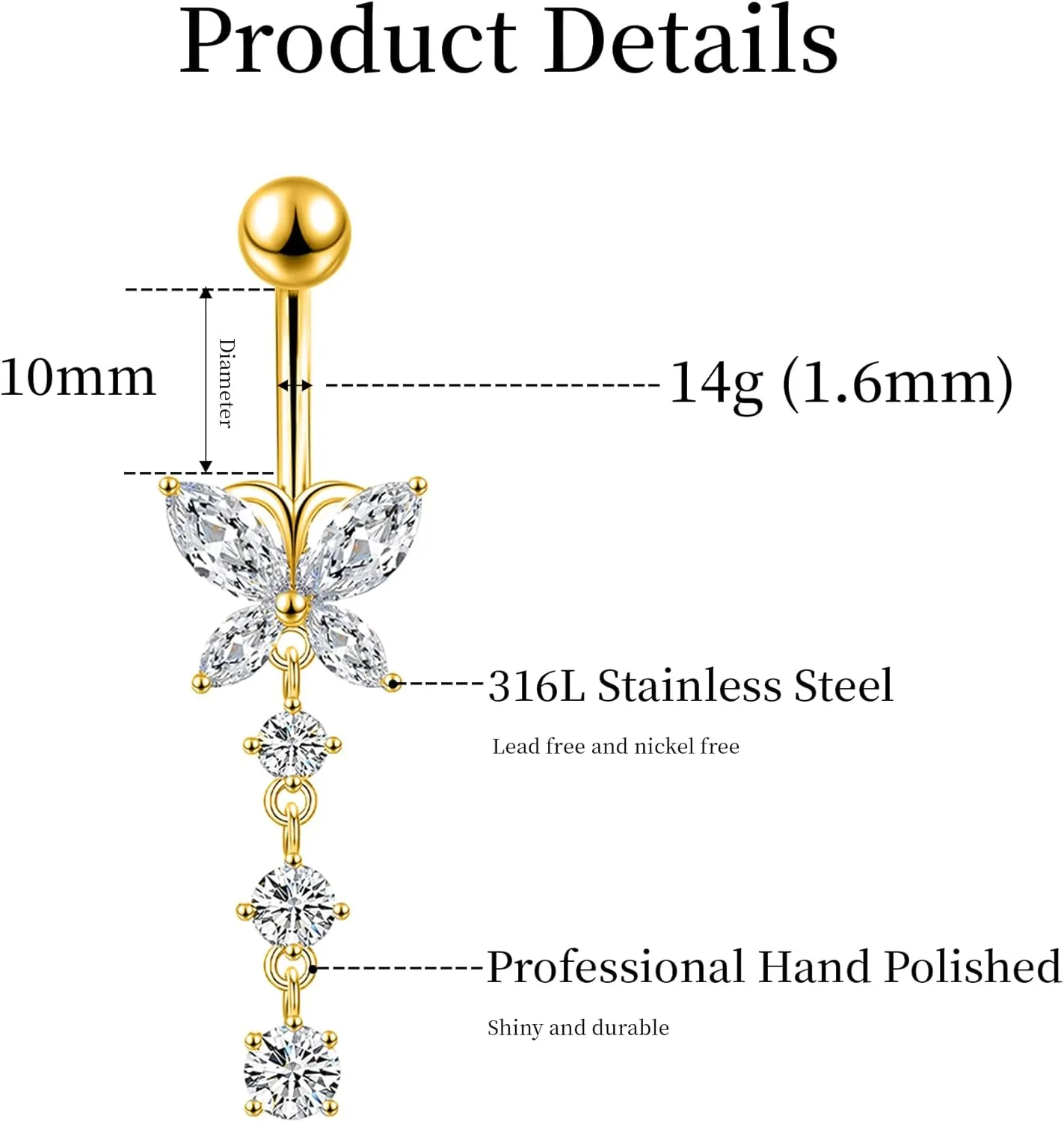 LEE&RO Gold Navel Ring - Hoop Belly Piercing Jewelry - Surgical Steel 14G