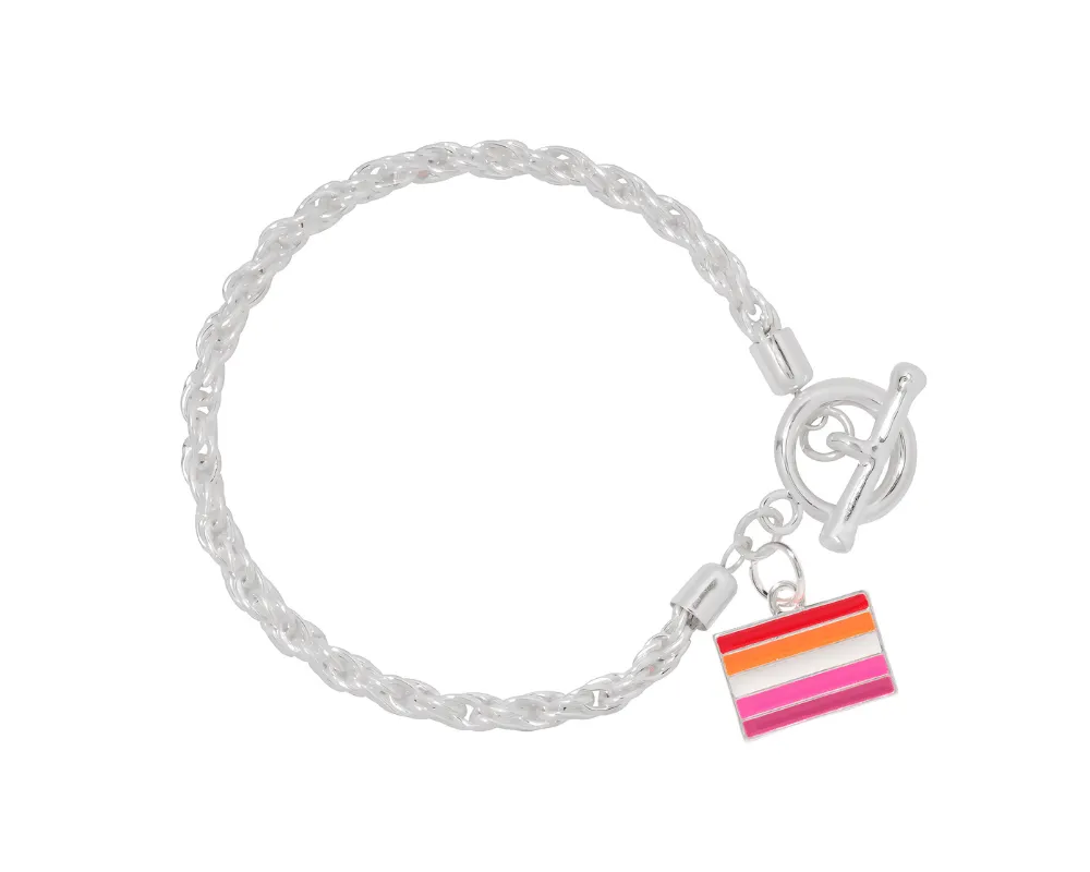 Lesbian Sunset Flag Charm Silver Rope Bracelets
