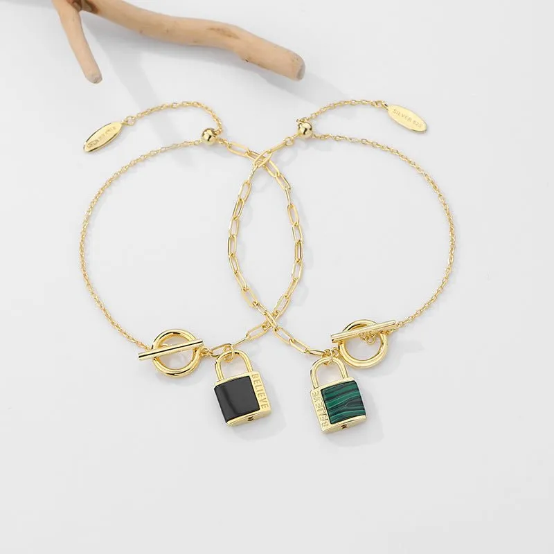 Locket Charm Bracelet with Malachite -Gold Plating