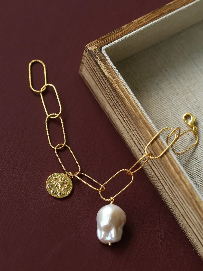 Metal Thick Chain Baroque Pearl Charm Bracelet